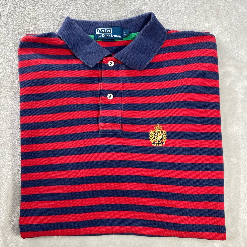 Vintage Polo Ralph Lauren Crest Striped Red Blue Polo Shirt Men's Sz L Faded